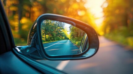 Fototapeta premium A unique vertical shot capturing the reflection of the road in a car's side mirror, highlighting the blend of motion and stillness.