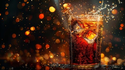 A dynamic image of a glass of soft drink with ice splashing around, set against a dark background