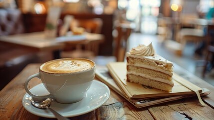 A cozy cafe setting featuring a still life of a cup of cappuccino and cake with a book