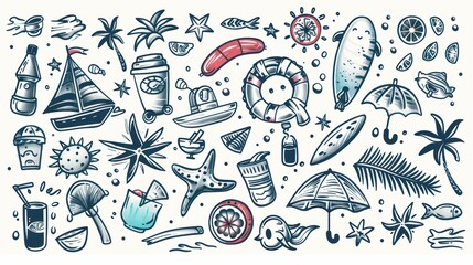 A delightful set of doodles themed around summer, featuring traditional symbols and activities like sunbathing, swimming, and ice cream.

