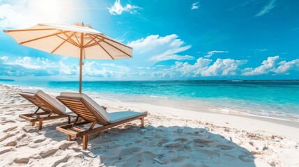 A relaxing beach setup with multiple sun umbrellas and loungers, perfect for a day of sunbathing and relaxation.

