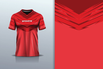 T-shirt mockup with abstract stripe line jersey design for football, soccer, racing, esports, running, in red color