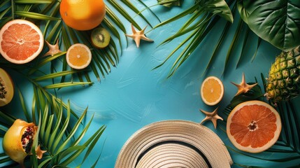 Summer composition, Tropical palm leaves, hat, fruits on blue background, Summer concept, Flat lay, top view, copy space, aesthetic look