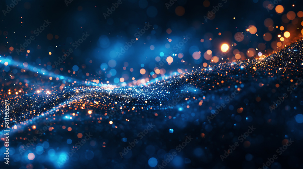 Aufkleber a dynamic wave of blue and orange particles, digital bokeh style, on a dark background, concept of f