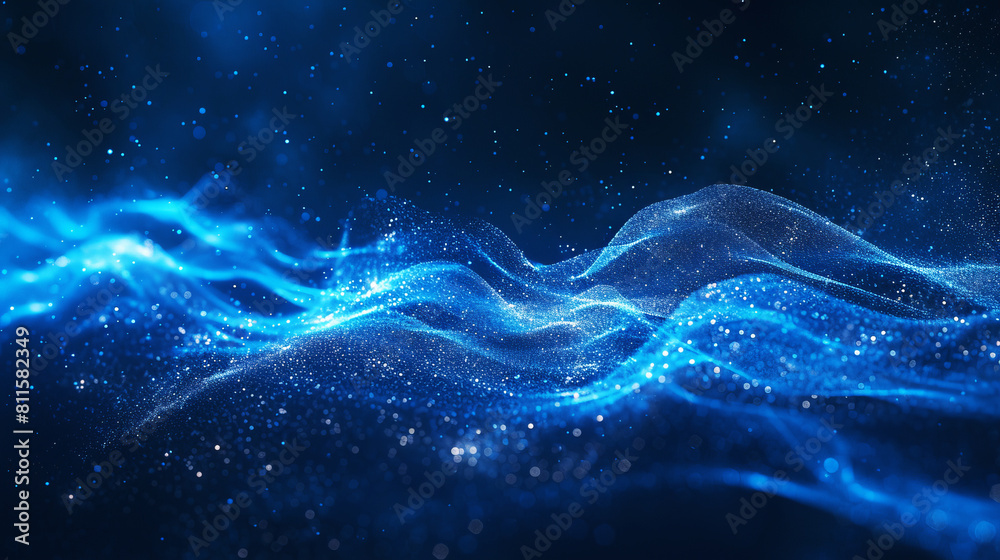Poster Dynamic blue particles forming wavy lines on a dark background, illustrating a futuristic concept. Generative AI
