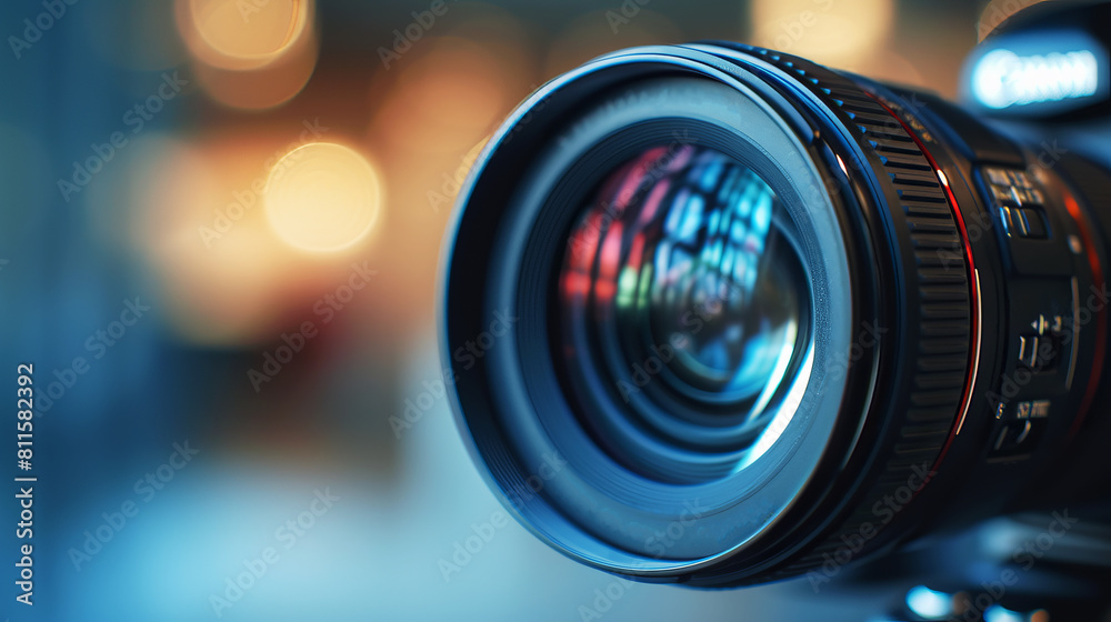 Poster close-up of a camera lens with reflection, bokeh lights in the background, concept of photography eq