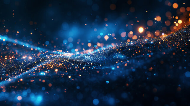 A dynamic wave of blue and orange particles, digital bokeh style, on a dark background, concept of flow or energy. Generative AI