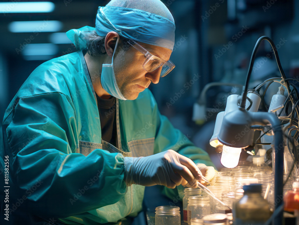 Poster A focused scientist working in a lab, manipulating samples under a bright light, conveying a concept of research. Generative AI