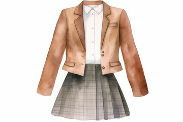 A smart casual outfit of a brown tweed jacket and a gray tartan skirt, perfect for school or work.