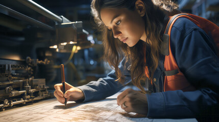 A woman engineer working on technical drawings in an industrial setting, realistic style, machinery background, concept of innovation. Generative AI