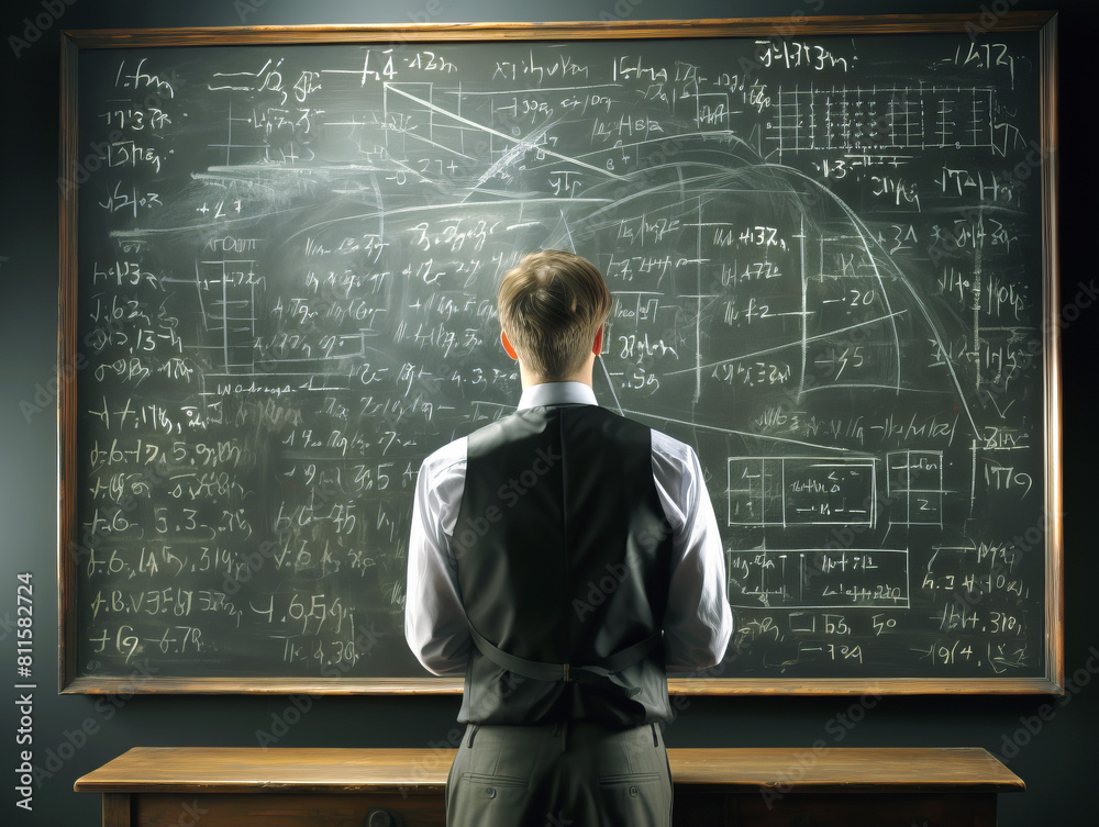 Poster a person viewing complex mathematical equations on a chalkboard, expressing the concept of analysis 