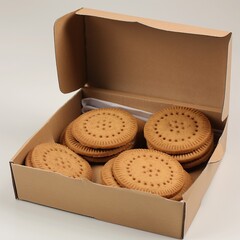 Una caja de cartón,llena de inmensas galletas de vainilla