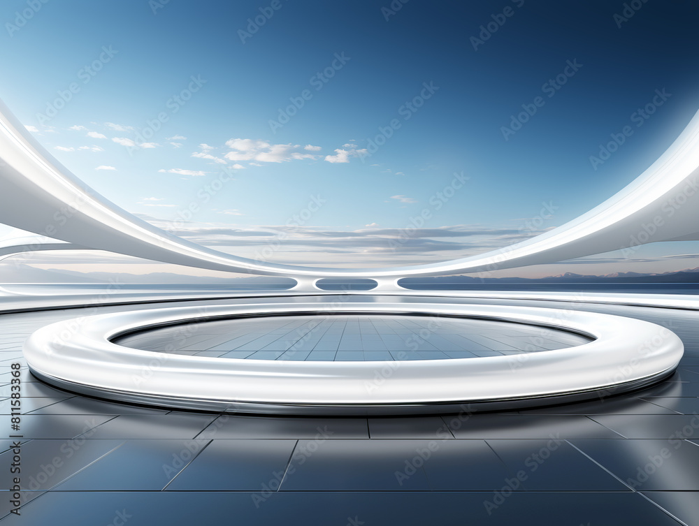 Poster A futuristic circular platform with sleek curves against a sky and mountain background, ideal for product presentation. Generative AI