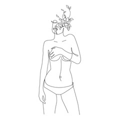 Trendy Line Art Woman Body with Flowers. Woman Minimalistic Black Lines Drawing. Female Figure Continuous One Line Abstract Drawing. Modern Scandinavian Design. Naked Body Art. Vector Illustration.