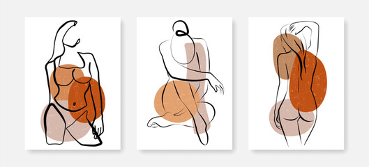 Woman Body One Line Drawing Wall Prints Set. Female Figure Creative Contemporary Abstract Line Drawing. Beauty Fashion Female Naked Body. Vector Minimalist Design for Wall Art, Print, Card, Poster.