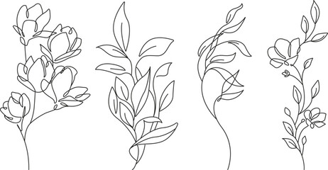 Flowers Line Art Vector Illustrations Set for Prints, Social Media, Icons. Floral Trendy Templates Minimalist Style. Set of Abstract Flowers in Line Style. Hand Drawn Doodle Template Collection