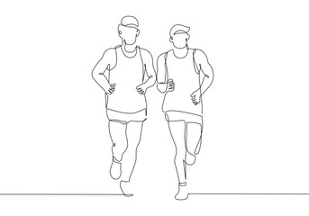 Runners Couple One Line Drawing. Running Concept Abstract Minimal Drawing. Athlete Continuous One Line Illustration. Activity Lifestyle Modern Trendy Contour Drawing. Vector EPS 10.