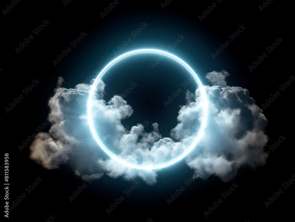 Poster a glowing blue ring enveloped by clouds against a dark background, emanating a mystical aura. genera