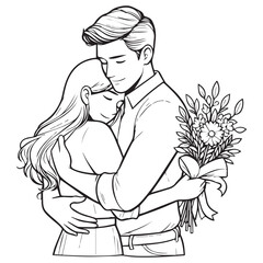 Love tenderness romantic feelings concept. Young loving smiling couple boy and girl standing hugging embracing each other feeling in love