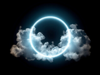 A glowing blue ring enveloped by clouds against a dark background, emanating a mystical aura. Generative AI