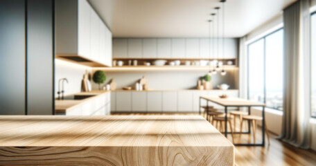 A modern kitchen interior with a wooden table in focus, light-filled room with blurred background, concept of home staging. Generative AI