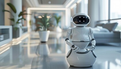 A humanoid robot assisting elderly people in a care facility, helping with mobility and daily tasks