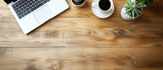 Top view of a laptop, cup of coffee, and plants on a wooden desk, ideal for branding mockups. Generative AI