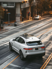 Autonomous taxi on a street making a left turn