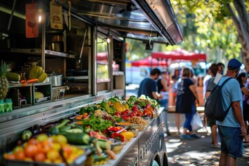 A food truck serving fresh salads and organic juices at a vibrant farmers market.
