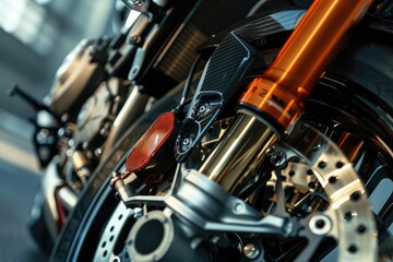 A low-angle close-up photo of a superbike's inverted front forks and powerful braking system.