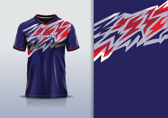 T-shirt mockup with abstract stripe line jersey design for football, soccer, racing, esports, running, in blue red color