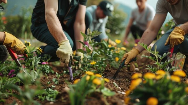 Unrecognizable Group Of People Holding Gardening Tools And Planting Flowers In A Community Garden Promoting Environmental