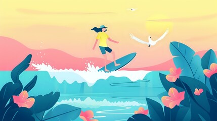 Fototapeta premium Surfing Beauty: Woman Conquering the Ocean's Power