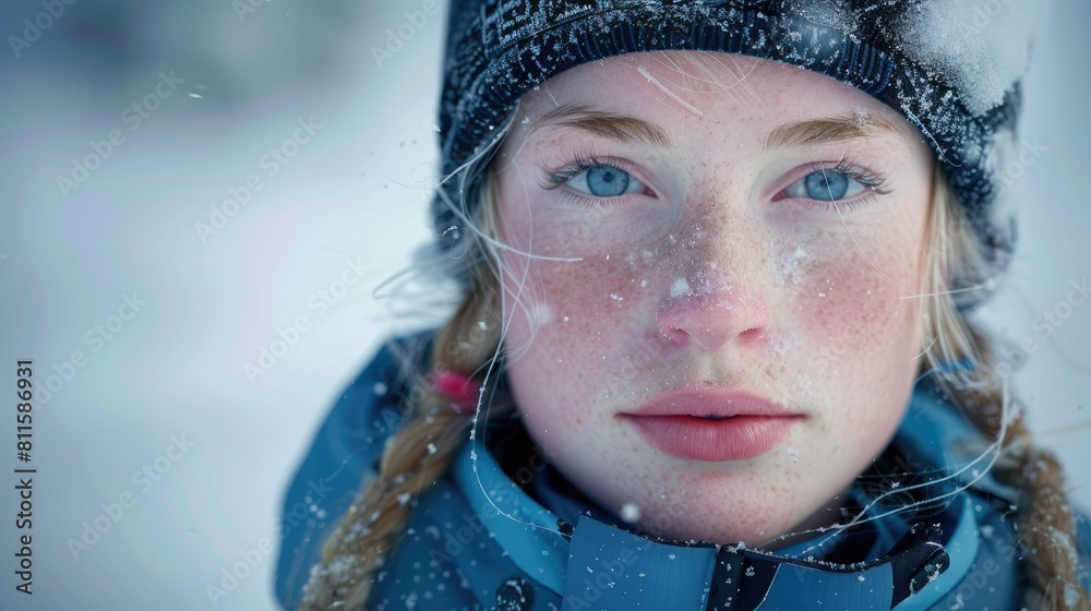 Wall mural the close up picture of the person looking at the camera with the white snow background in the middl