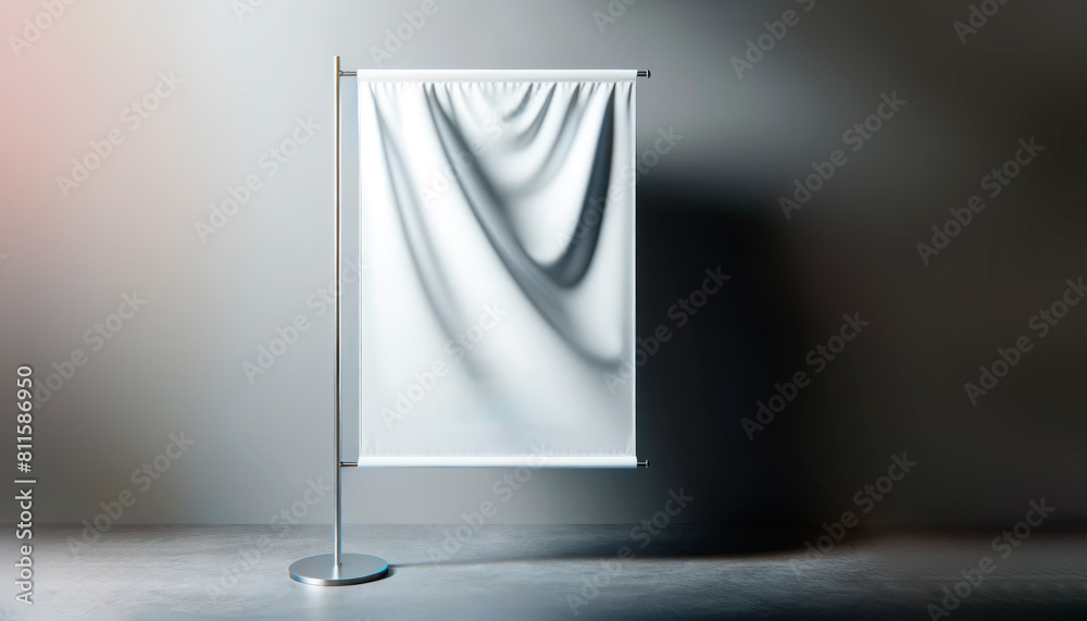 Poster a blank banner displayed on a stand, modern style, set against a soft-lit gradient background, conce