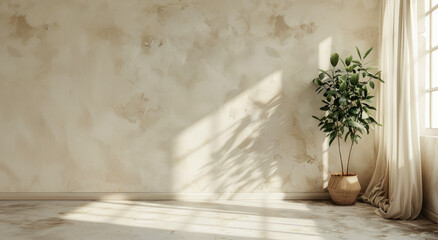 An indoor scene with sunlit window, plant, and textured wall, ideal for branding presentations. Generative AI