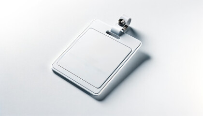 Blank name badge on a light textured background, ideal for branding and logo presentation mockup. Generative AI