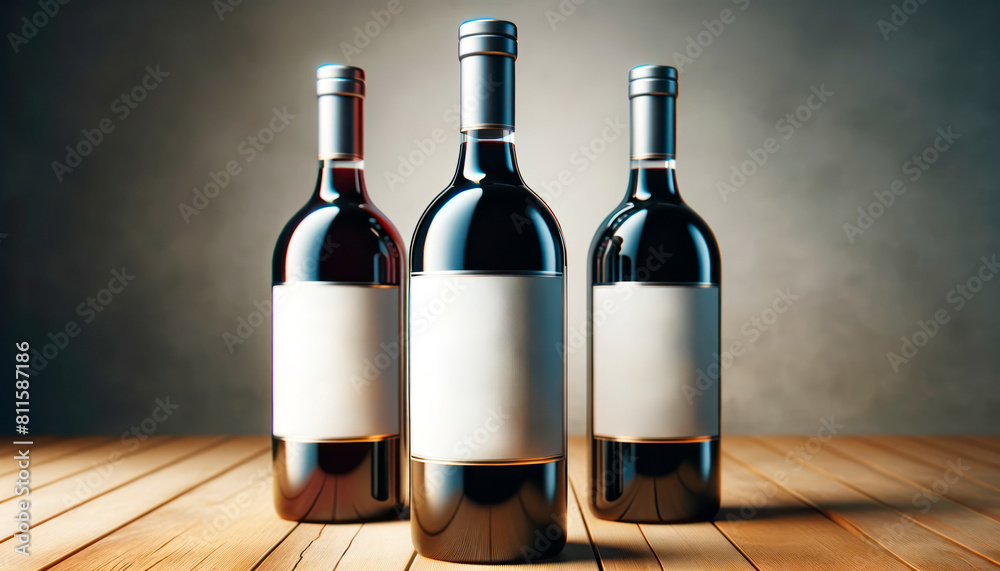 Poster Three wine bottles with blank labels on a wooden table against a dark background, for product branding mockups. Generative AI