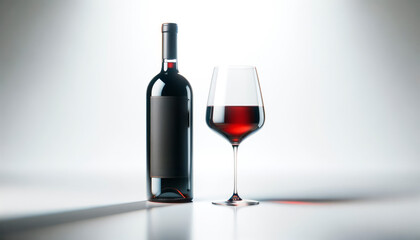 Naklejka premium A bottle of red wine next to a filled wine glass on a clean background, concept of product presentation. Generative AI