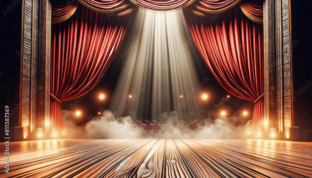 Poster an empty theater stage with red curtains, illuminated by spotlights and hazed by stage fog, suggesti