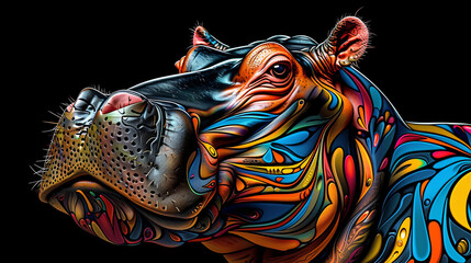 A colorful painting of a hippo with a black background