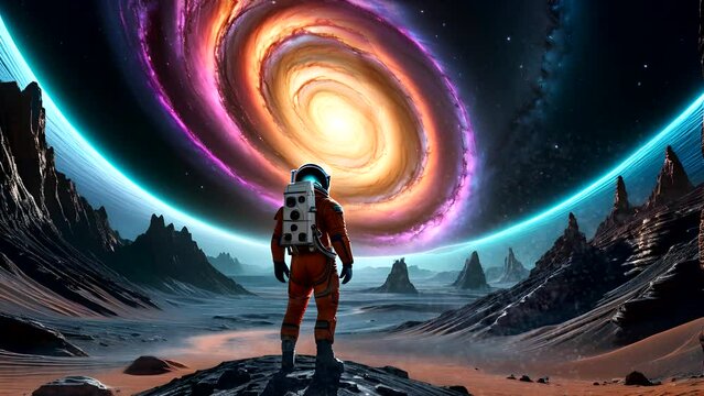 Astronaut standing on planet in space with galaxy vortex