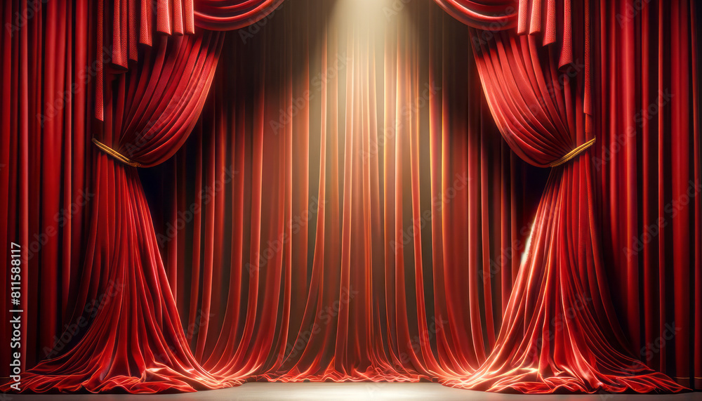 Poster red theater curtains parted with spotlight on stage, on a dark background, symbolizing performance. 