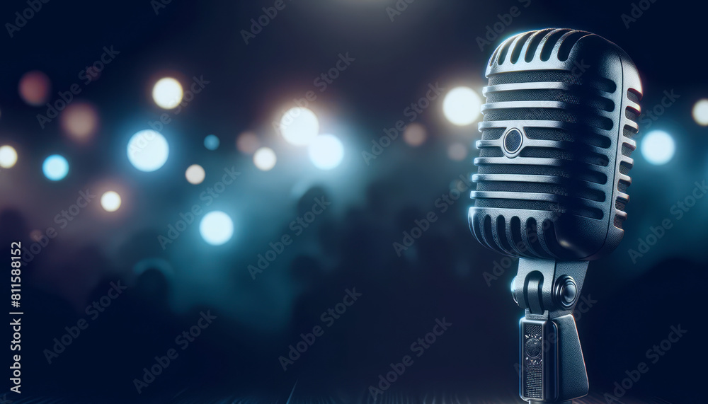 Aufkleber Retro microphone against a blurred bokeh light background, concept of music, broadcast or performance. Generative AI