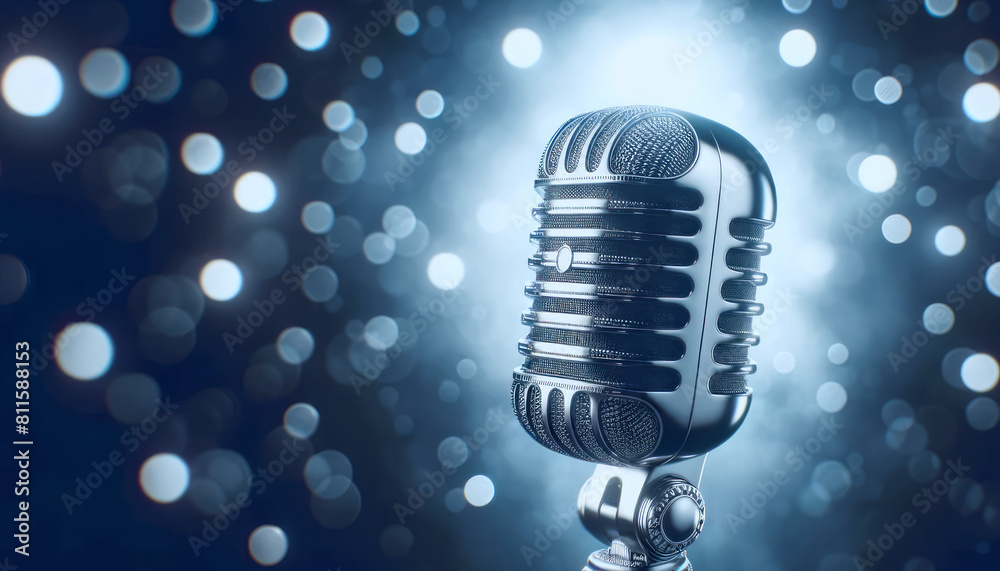 Poster close-up of a vintage microphone with a bokeh effect lighting in the background, focusing on musical