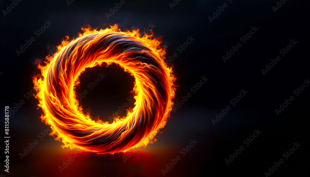 Poster a fiery circle with intense flames on a dark background, representing energy or power. generative ai