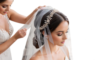 s arranged delicately hairstyle preparations veil dding bride being bokeh coiffure delicate arrangement preparation ceremony bridal accessory beauty elegance tradition fashion style gown headpiece