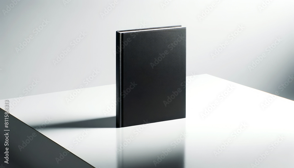 Aufkleber A closed black book standing upright on a reflective white surface against a soft gradient background, ideal for branding mockups. Generative AI