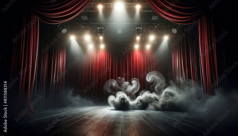 Poster an empty theater stage with red curtains, spotlight illumination, and mysterious fog on a wooden flo