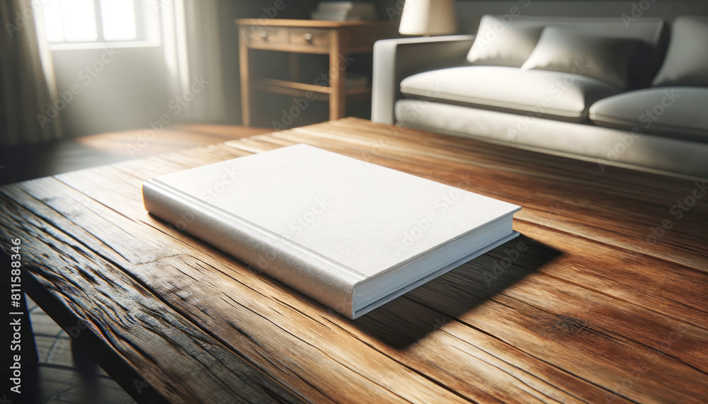 Poster an empty white book on a wooden table with a cozy interior background, ideal for a branding mockup. 